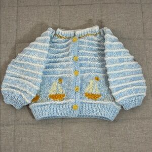 Sweater.  Hand made. Vintage. Blue and White Striped Baby Sailboat Design
